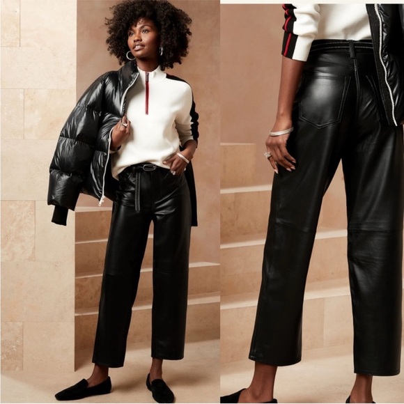 BananaRepublic Lamb Leather High Rise Straight Pant Black Actual 36” 33x25 Short - Picture 3 of 17